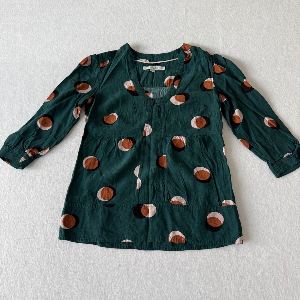 Boden Tunic Blouse Women Size 4 Green Geometric Circle Print 3/4 Sleeve Viscose